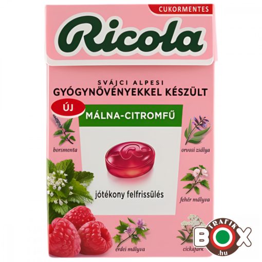 RICOLA  Málna-citromfű cukormentes, svájci gyógynövény cukorka 40g